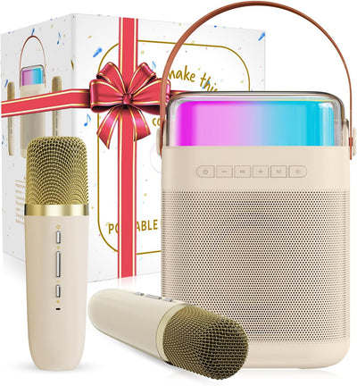 Karaoke Maschine mit 2 Drahtlosen Mikrofonen，Tragbarer Bluetooth Karaoke Lautsprecher mit LED-Lichte