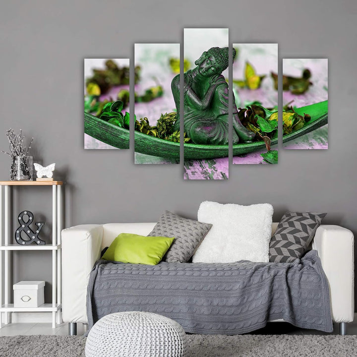 Feeby Deco Bild 5 Teilig Buddha Wanddekoration Blumen Blätter Meditation grün 200x100 cm Deco panel