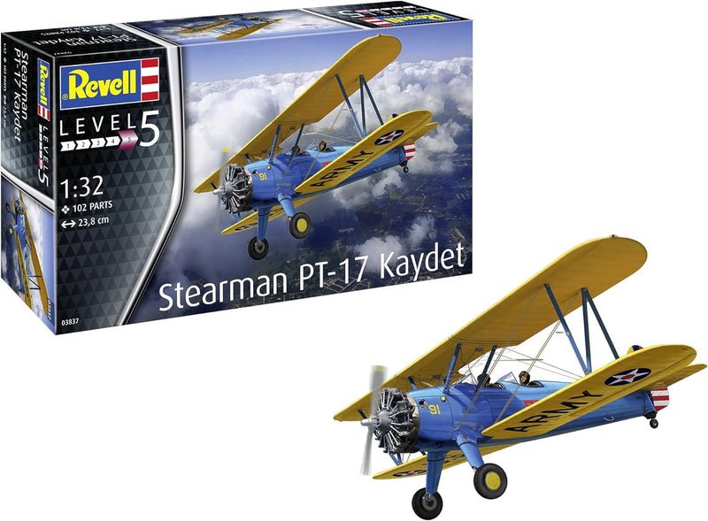 Revell 03837 03837-Stearman PT-17 Kaydet 1:32 Fahrzeug originalgetreuer Modellbausatz für Experten,