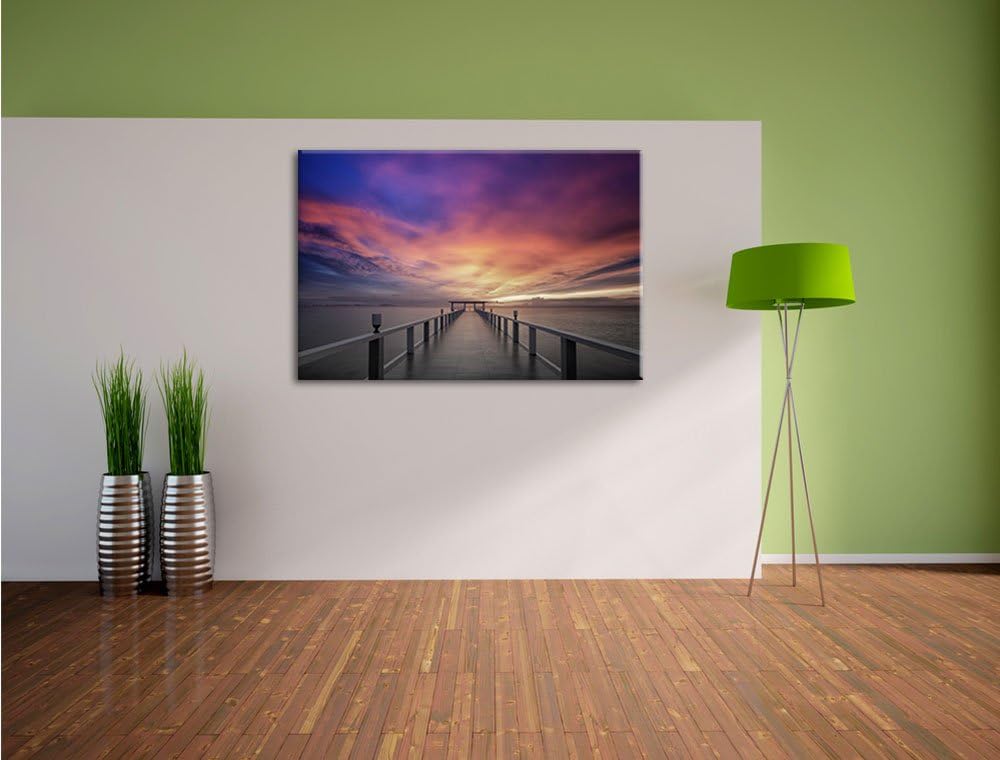 Pixxprint Endloser Steg ins Meer im Sonnenuntergang Schwarz/Weiss, Format: 100x70 auf Leinwand, 100x