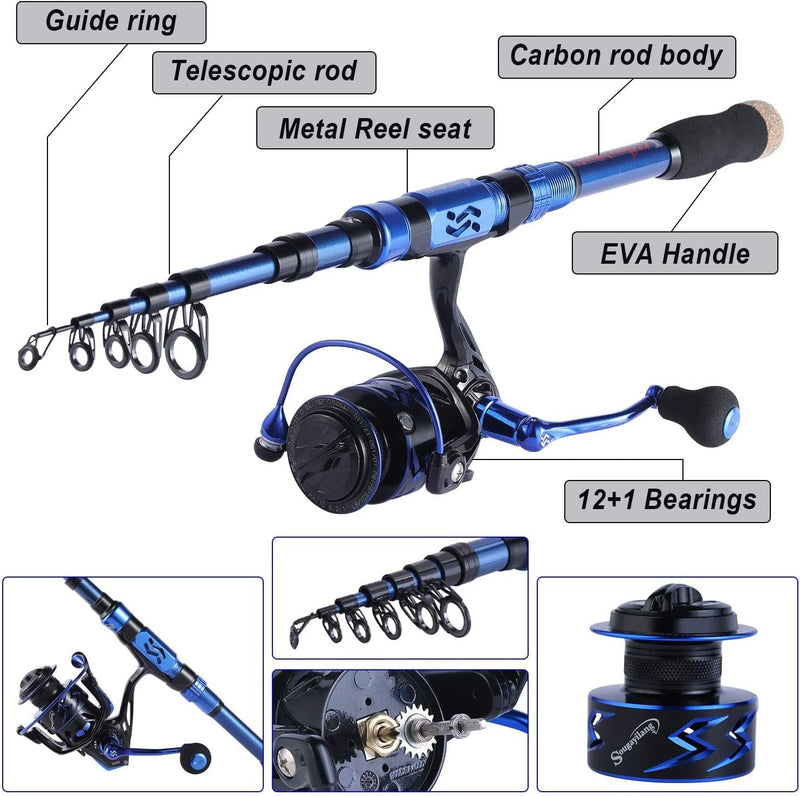 Sougayilang Angelrute und Rolle Combos, Kohlefaser Teleskop Angelrute 12 +1 BB Spinning Reel mit Tra