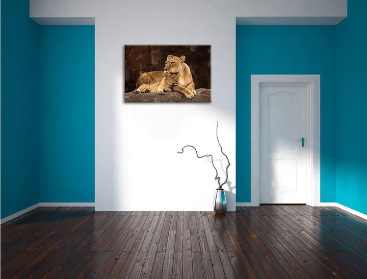 Pixxprint Löwe mit Löwenjungen als Leinwandbild/Grösse: 100x70 / Wandbild/Kunstdruck/fertig bespannt