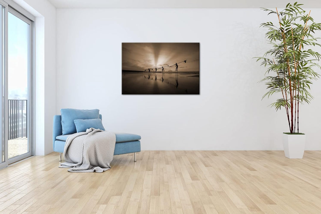 Küstenfischer bei der Arbeit Format: 80x60 Effekt: Sepia als Leinwandbild, Motiv fertig gerahmt auf