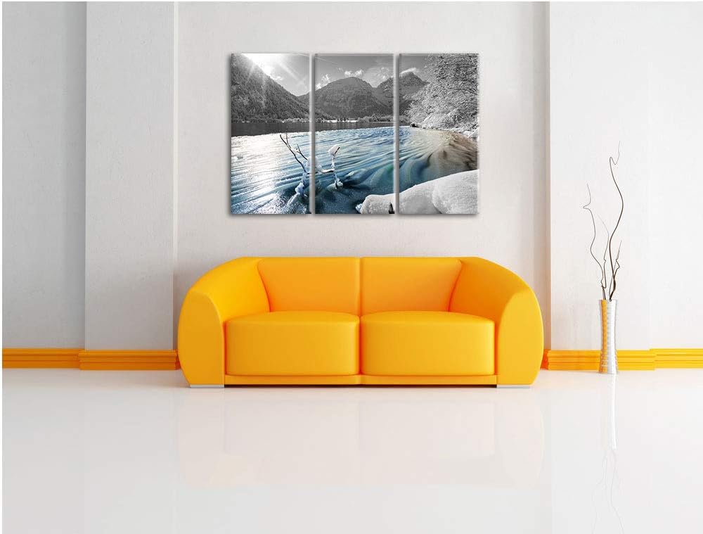 Ruhiger See im Winterwald schwarz/weiss 3-Teiler Leinwandbild 120x80 Bild auf Leinwand, XXL riesige