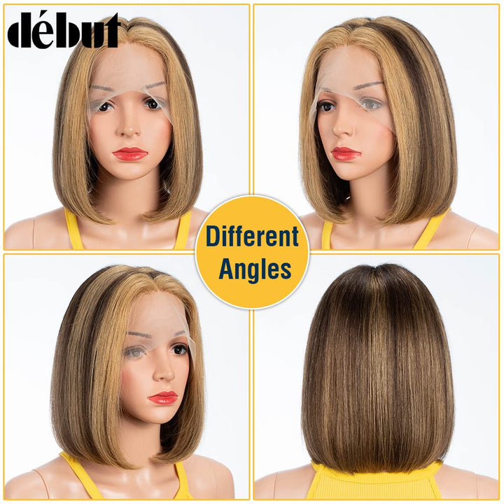 DÉBUT Glatte Bob Perücke, Echthaar, T-Teil, Spitzenfront, Bob-Perücke, vorgezupft, mit Babyhaar, 150