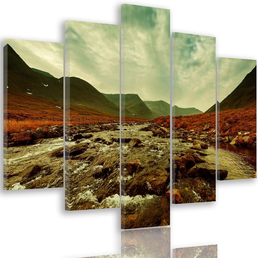 Feeby Bilder Landschaft 200x100 cm - Leinwandbild 5 Teilig XXL Kunstdruck Steine grün Leinwandbild X