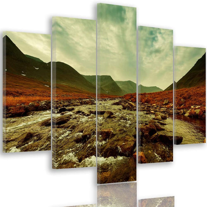 Feeby Bilder Landschaft 200x100 cm - Leinwandbild 5 Teilig XXL Kunstdruck Steine grün Leinwandbild X