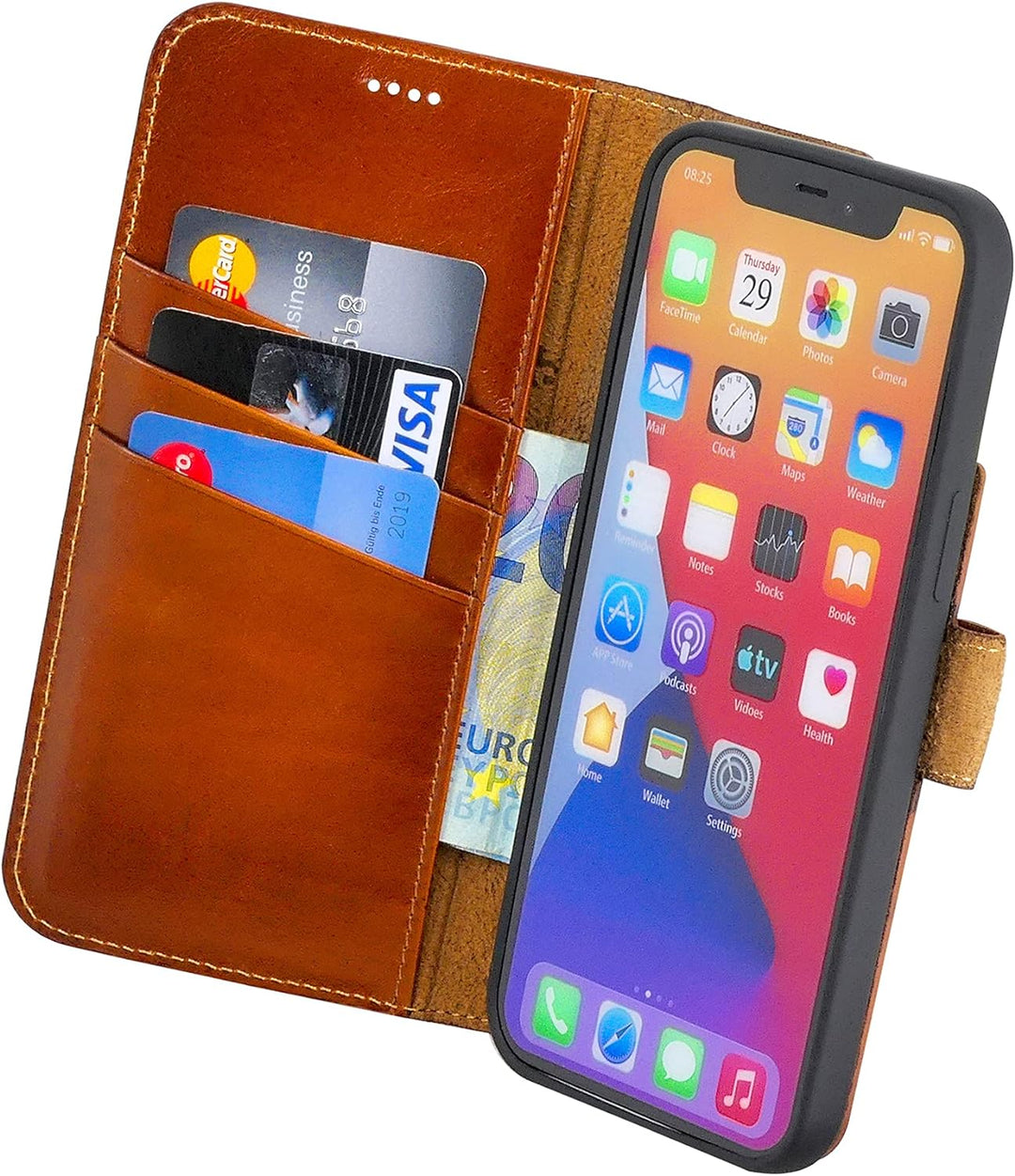 Suncase Book-Style Hülle kompatibel mit iPhone 12 (6.1") Leder Tasche (Slim-Fit) Lederhülle Handytas