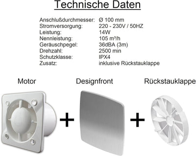 MKK Edelstahl Design Badventilator Ø 100 mm Feuchtigkeitssensor Timer Nachlauf und Rückstauklappe Lü