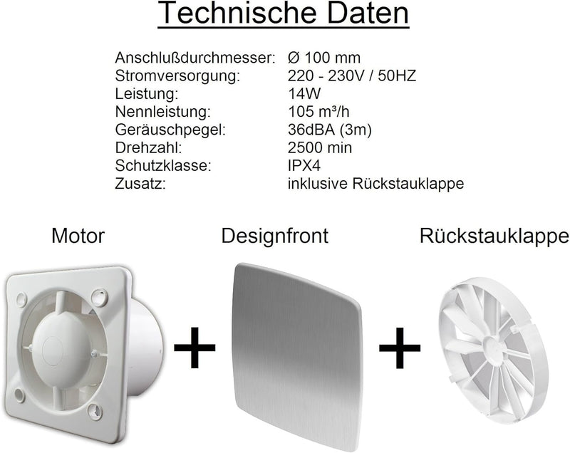 MKK Edelstahl Design Badventilator Ø 100 mm Feuchtigkeitssensor Timer Nachlauf und Rückstauklappe Lü