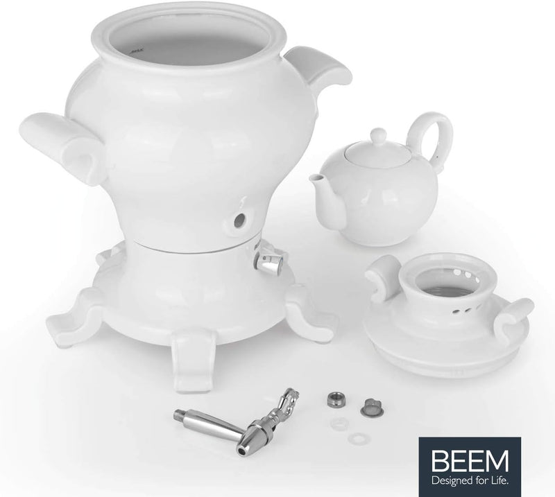 BEEM ODETTE BLANC Samowar - 5 l | Porzellan | 1800 W | 1 L Teekanne mit Sieb Edelstahl | 5 L Heisswa