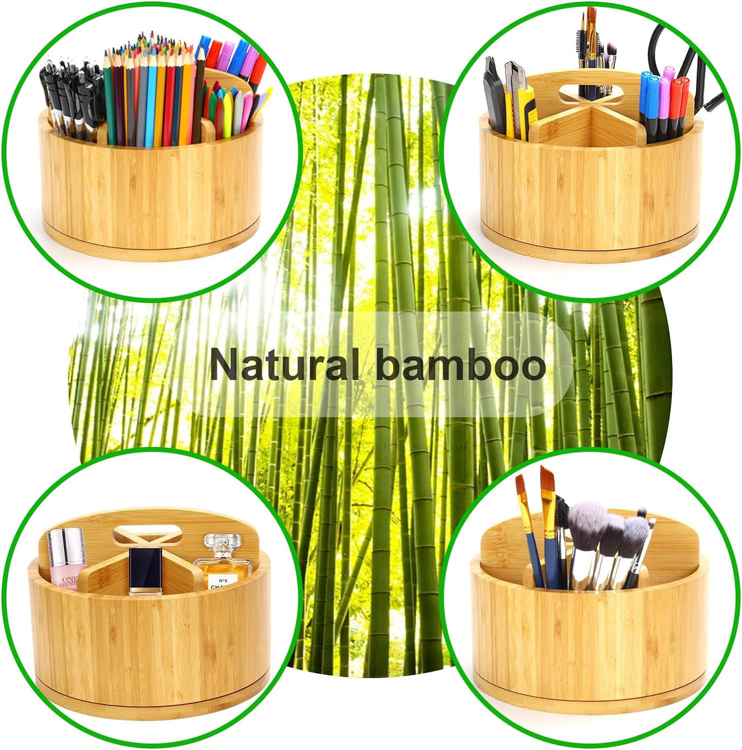 Cinnani 360° Drehbarer Schreibtisch Organizer aus Bambus, Stiftehalter Holz mit Griff, Tisch Organiz
