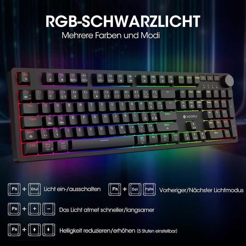 KOORUI Gaming Tastatur, Mechanisch Tastatur Deutsches Layout QWERTZ 104 Tasten 26 RGB Hinterleuchtet