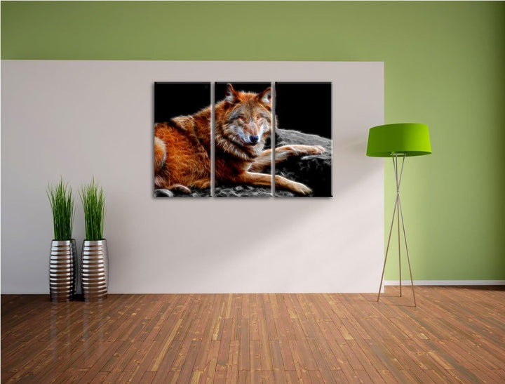 Dark stolzer Wolf auf Stein schwarz/weiss Deluxe 3-Teiler Leinwandbild 120x80 Bild auf Leinwand, XXL