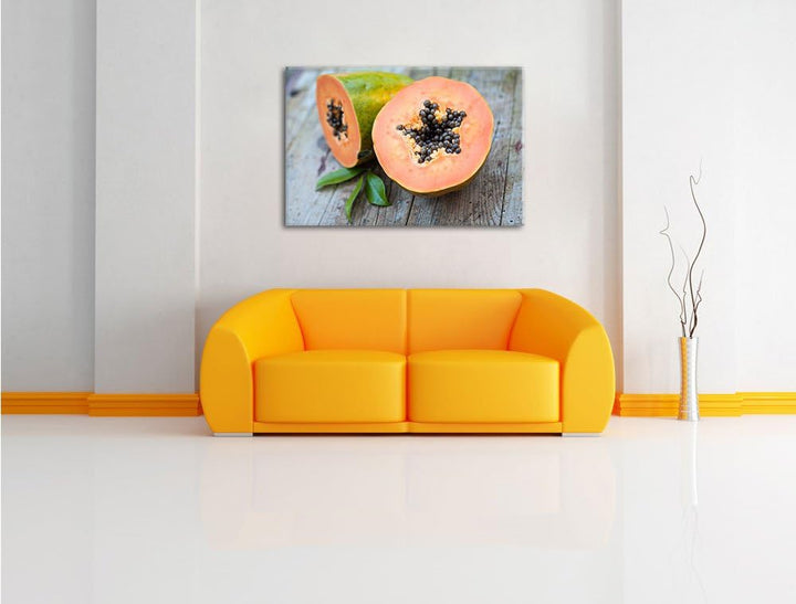 Pixxprint Genüssliche Papaya aufgeschnitten als Leinwandbild/Grösse: 100x70 / Wandbild/Kunstdruck/fe