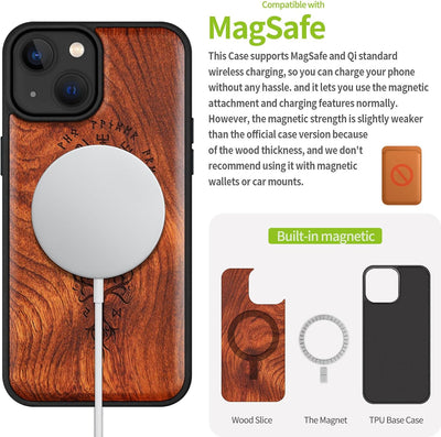 Carveit Holz Cover für iPhone 15 hülle, Kompatibel mit Magsafe Silikon Stossfeste Cover, Magnetisch