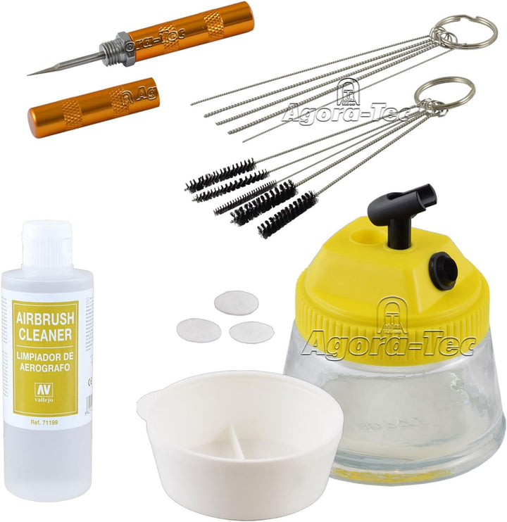 Agora-Tec® AT- Airbrush-CLEAN-Reinigungs Zubehör-Set bestehend aus Cleaning Pot, 5 Reinigungsbürsten