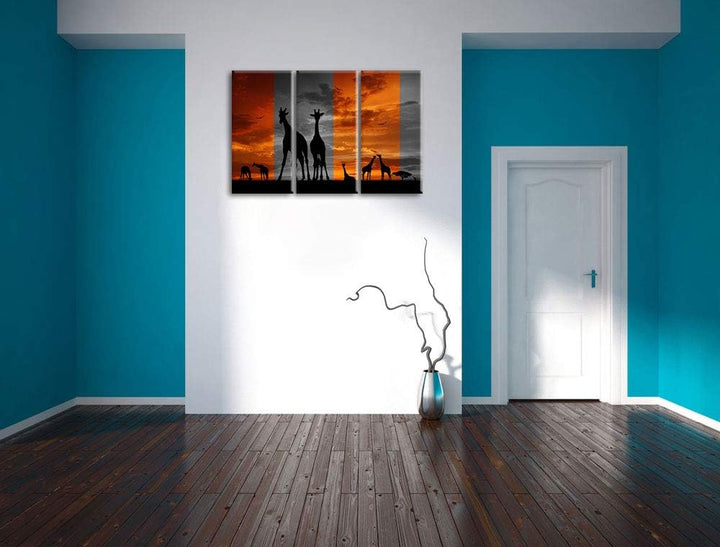 Afrika Giraffen im Sonnenuntergang schwarz/weiss 3-Teiler Leinwandbild 120x80 Bild auf Leinwand, XXL