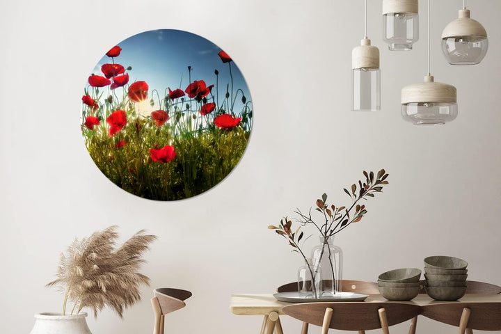MuchoWow Wandbild Rund Wanddeko Deko Wohnzimmer Bilder 90x90 cm Mohnblumen - Toskana - Sonne - Rot -