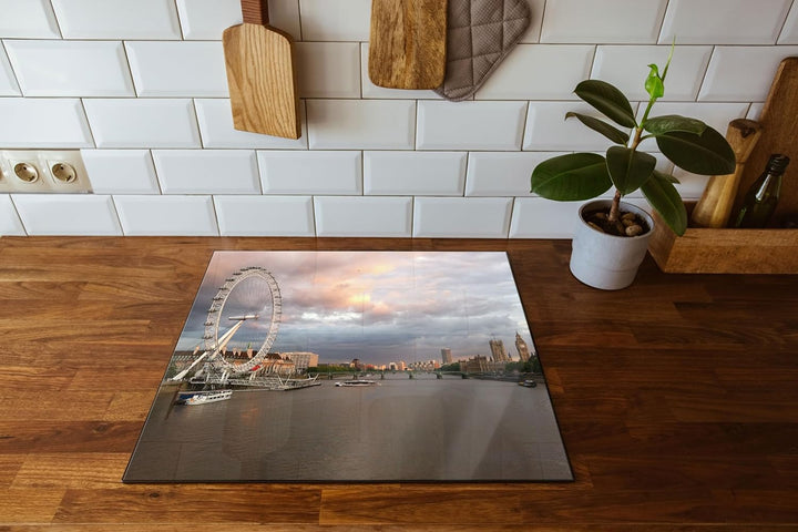 Riesenrad London Eye Herdabdeckplatte & Spritzschutz aus Echtglas | Für Herd-Kochfelder | 60x52 cm