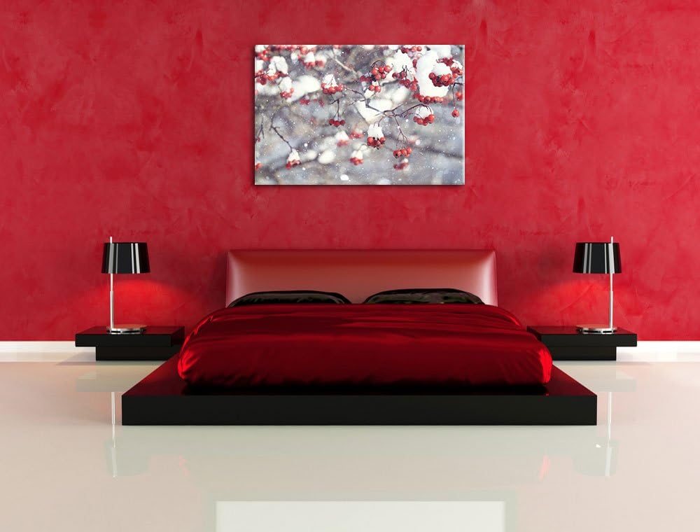 Pixxprint Vogelbeeren mit Schnee bedeckt, Format: 100x70 auf Leinwand, 100x70