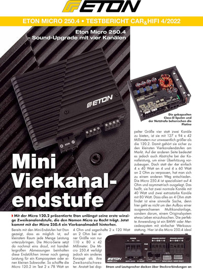 ETON MICRO 250.4 – sehr kompakte 4-Kanal Endstufe, Class-D Digital Verstärker, perfekt für PKWs und