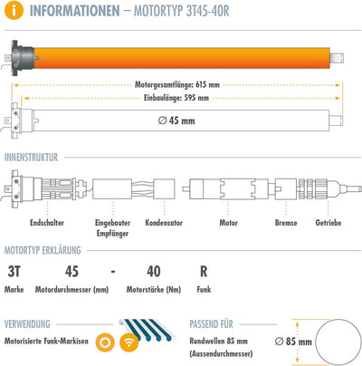 3T-MOTORS Funk-Markisenmotor 3T45-40R + HSE1 (Zugkraft 40 Nm/80 kg) für 85 mm Markisenwelle, zum Nac