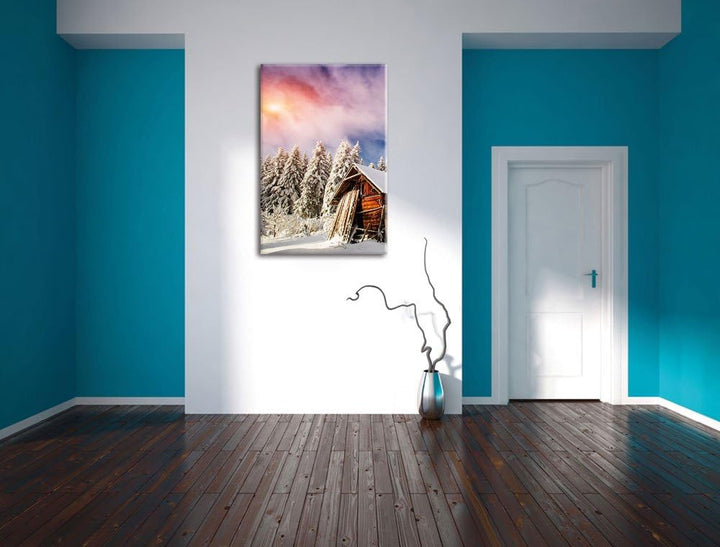 Holzhütte im Schnee, Format: 100x70 auf Leinwand, XXL riesige Bilder fertig gerahmt mit Keilrahmen,