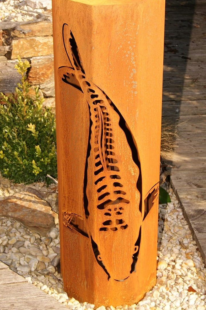 8-Eck Säule Koi + Schale Classic Edelrost Rost Metall Gartendeko Garten Stele