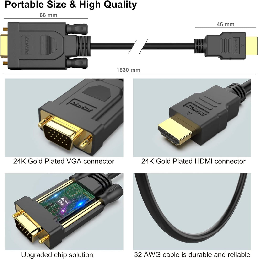 BENFEI HDMI zu VGA Konverter-Kabel 1,8M 5 Stück, Unidirektional HDMI zu VGA D-SUB 15 Pin M/M Unterst