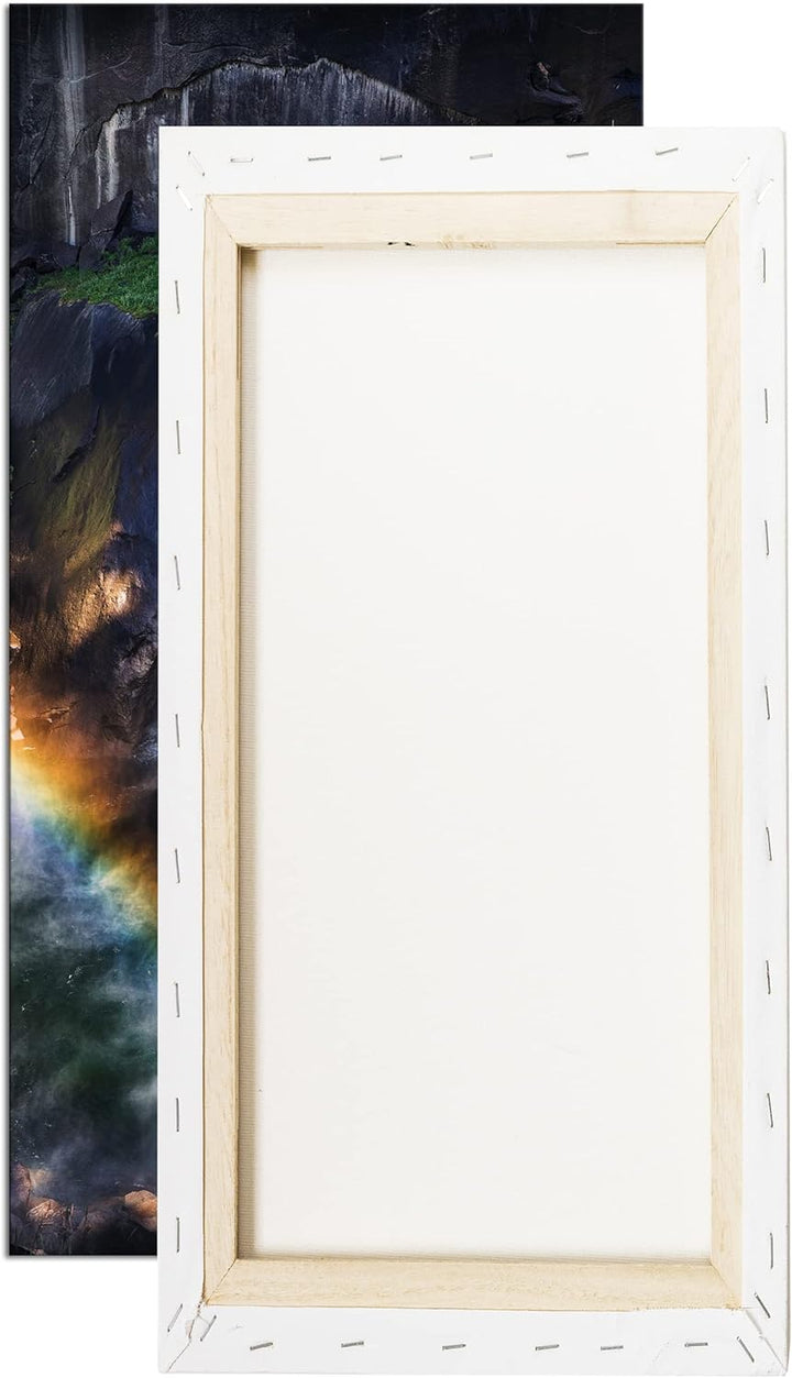 Regenbogen am Wasserfall Panorama 80x40 cm als Leinwandbild, Motiv fertig gerahmt auf Echtholzrahmen