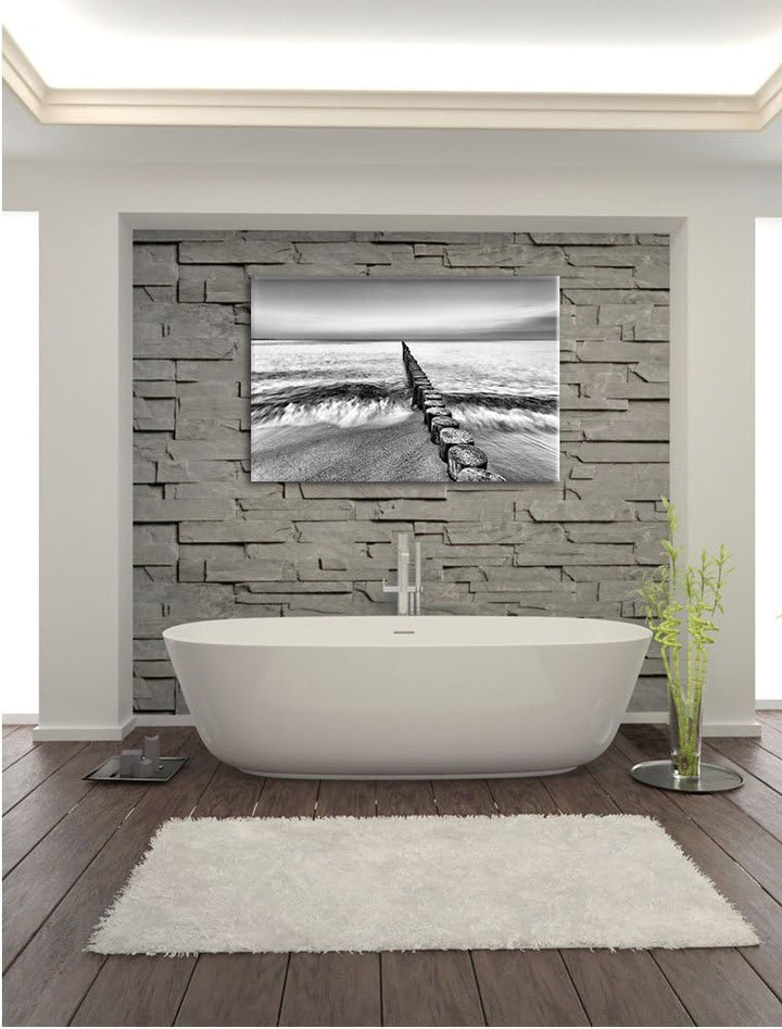 Pixxprint Monocrome, Baumstümpfe die ins Meer führen, Format: 100x70 auf Leinwand, XXL riesige Bilde