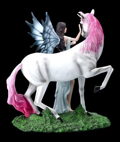 Elfen Figur - Mystique mit Einhorn mit rosa Mähne | Fee Fantasy Dekofigur