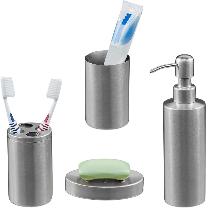 Relaxdays Badezimmer Set, 4-teilig, Badaccessoires Edelstahl gebürstet, komplette Badezimmerausstatt