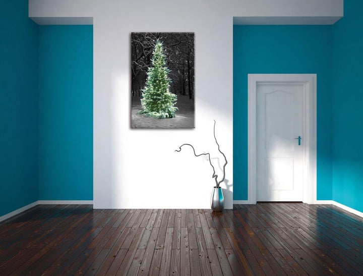 Pixxprint Weihnachtsbaum im Winterwald als Leinwandbild/Grösse: 100x70 / Wandbild/Kunstdruck/fertig