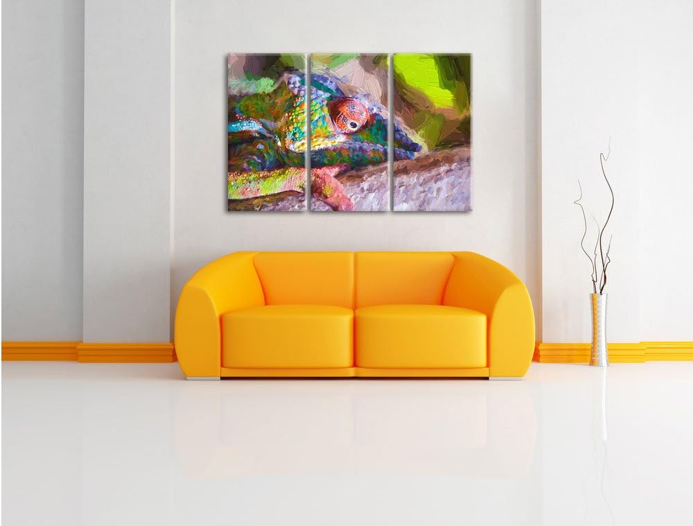 Pixxprint Chamäleon aus Madagaskar Kunst / 3-Teilig/Gesamtmass 120cm Leinwandbild bespannt auf Holzr