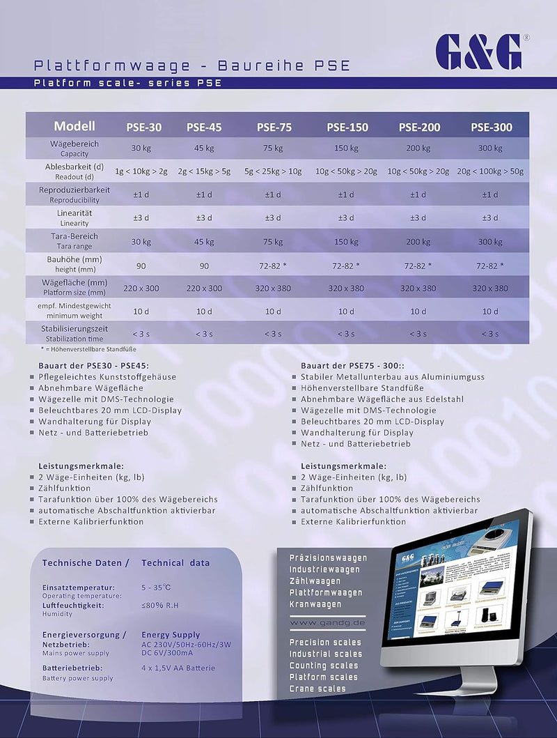 G&G PSE30kg/1g -60Kg/2g Paketwaage PlattformWaage Digitalwaage Industriewaage Tischwaage (45Kg/2g),