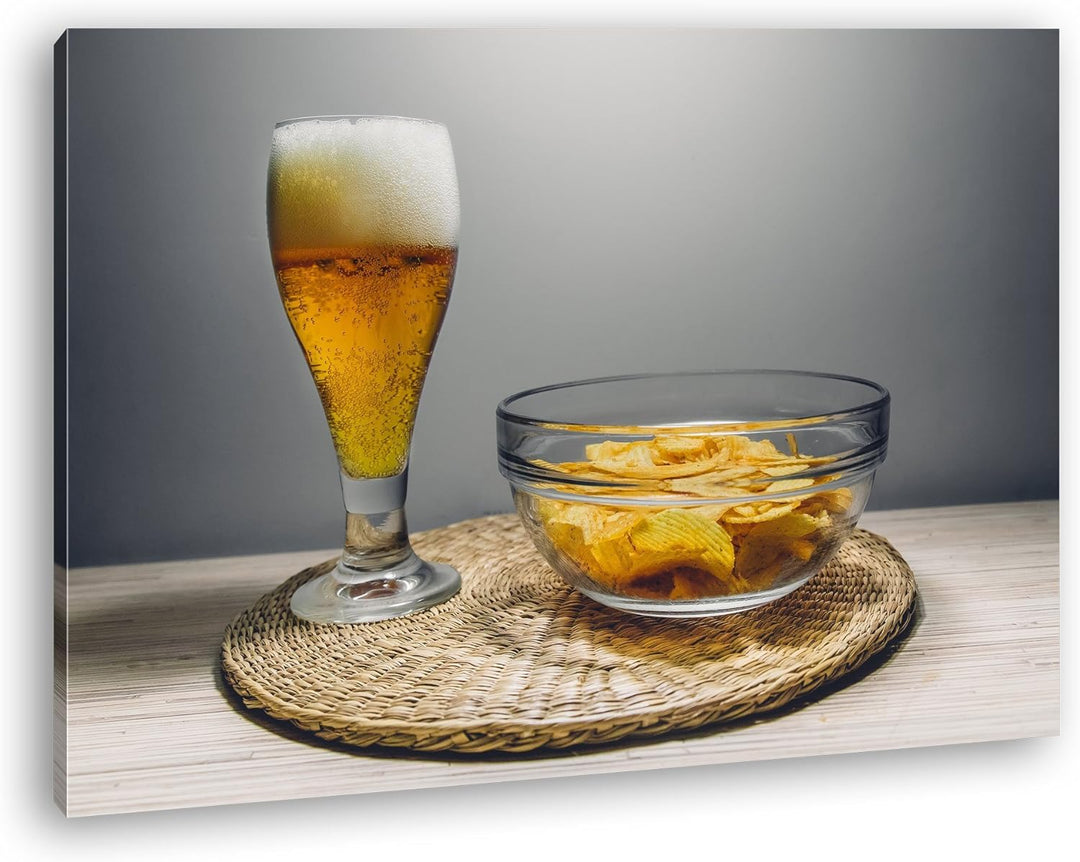 deyoli Chips und Bier Format: 100x70 als Leinwandbild, Motiv fertig gerahmt auf Echtholzrahmen, Hoch