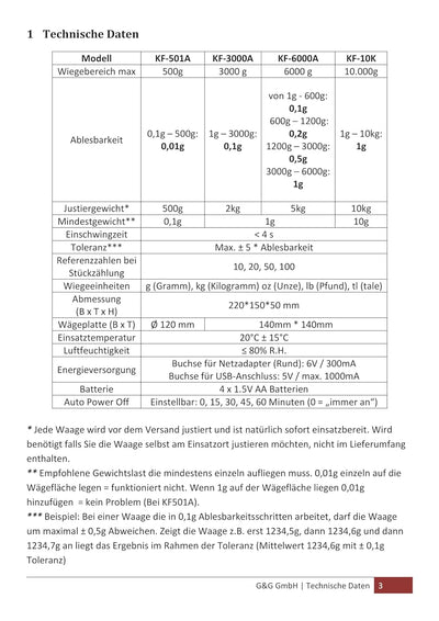 G&G KF 3kg / 0.1g, einstellbare Abschaltautomatik, Küchenwaagen Feinwaage, mit Netzteil und Batterie