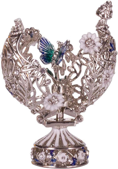 Fabergé-Stil geschnitzt Ei mit Blumen & Schmetterling 7 cm Silberne Farbe