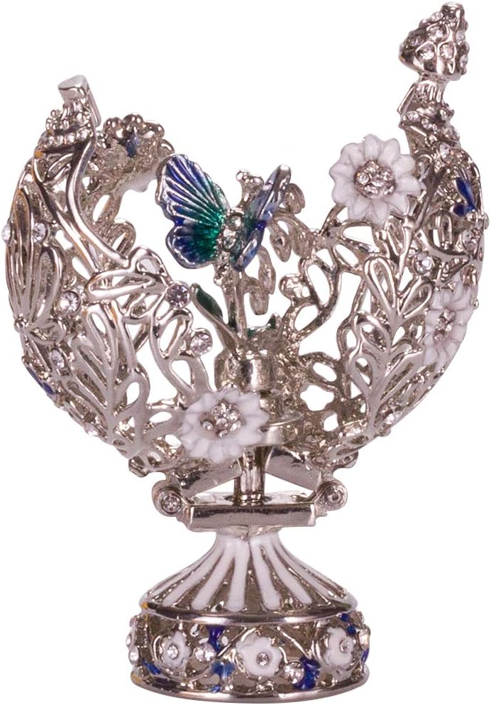 Fabergé-Stil geschnitzt Ei mit Blumen & Schmetterling 7 cm Silberne Farbe