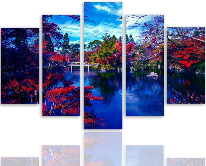 Feeby Bilder Rote Blumen 300x140 cm - Leinwandbild 5 Teilig XXL Kunstdruck Wasser blau Leinwandbild