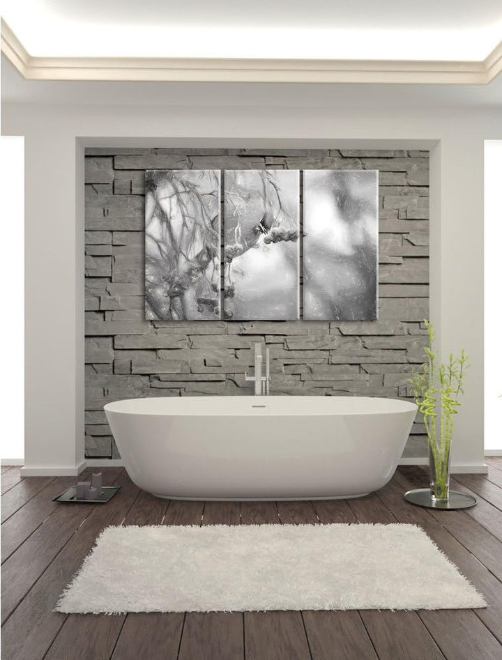 Pixxprint Kleiner Vogel im Vogelbeerbaum Kohle Zeichnung Effekt 3-Teiler Leinwandbild 120x80 Bild au