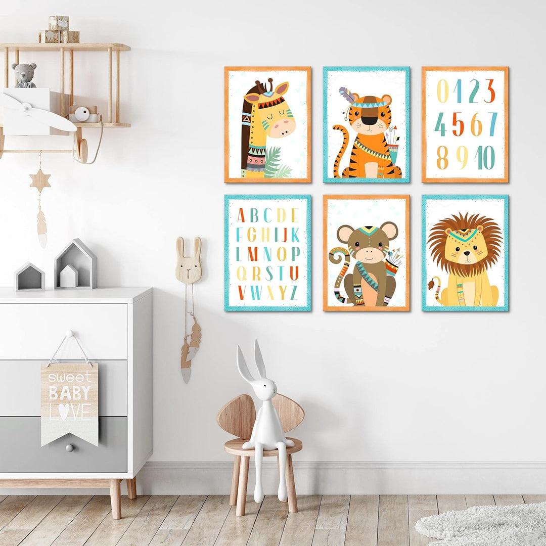 FERTIG ZUM AUFHÄNGEN Wandbilder Set - Babyzimmer Junge Mädchen - Kinderzimmer Poster Tiere - Indiane