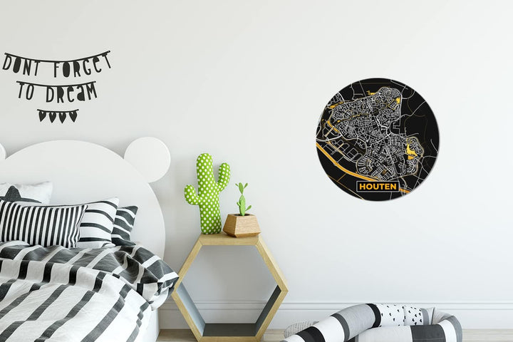 MuchoWow Wandbild Rund Wanddeko Deko Wohnzimmer Bilder 30x30 cm Houten - Schwarz und Gold - Stadtpla