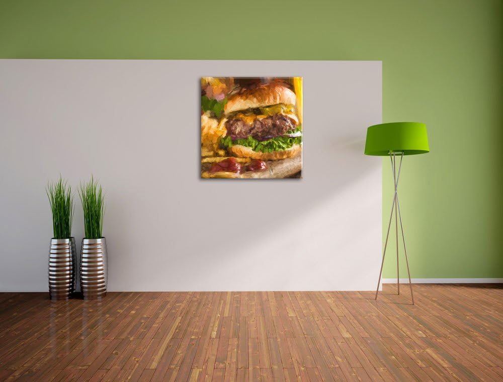 Pixxprint Saftiger Chili Cheese Burger als Leinwandbild | Grösse: 70x70 cm | Wandbild | Kunstdruck |