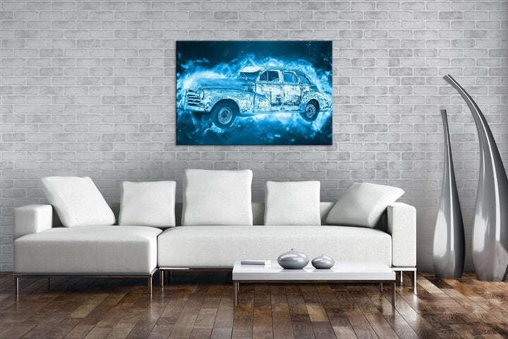 deyoli alter verrosteter Oldtimer Format 60x40 Effekt: Monocrome Blau als Leinwandbild, Motiv fertig