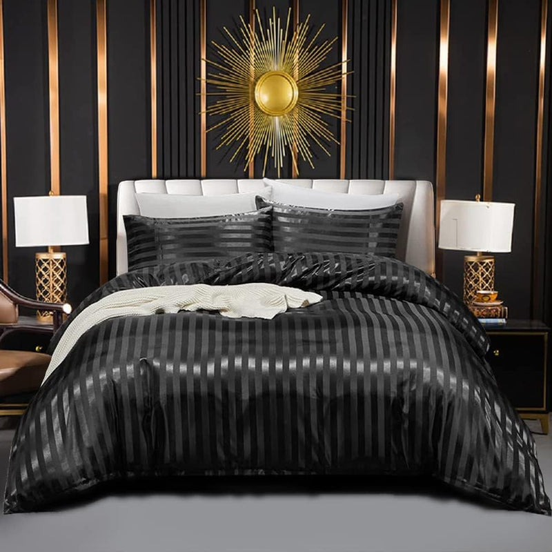 Satin Bettwäsche Set 200x220 Glänzend Glanzsatin Gestreifte Schwarze Bettwäsche Set Sommer Glatt Sei