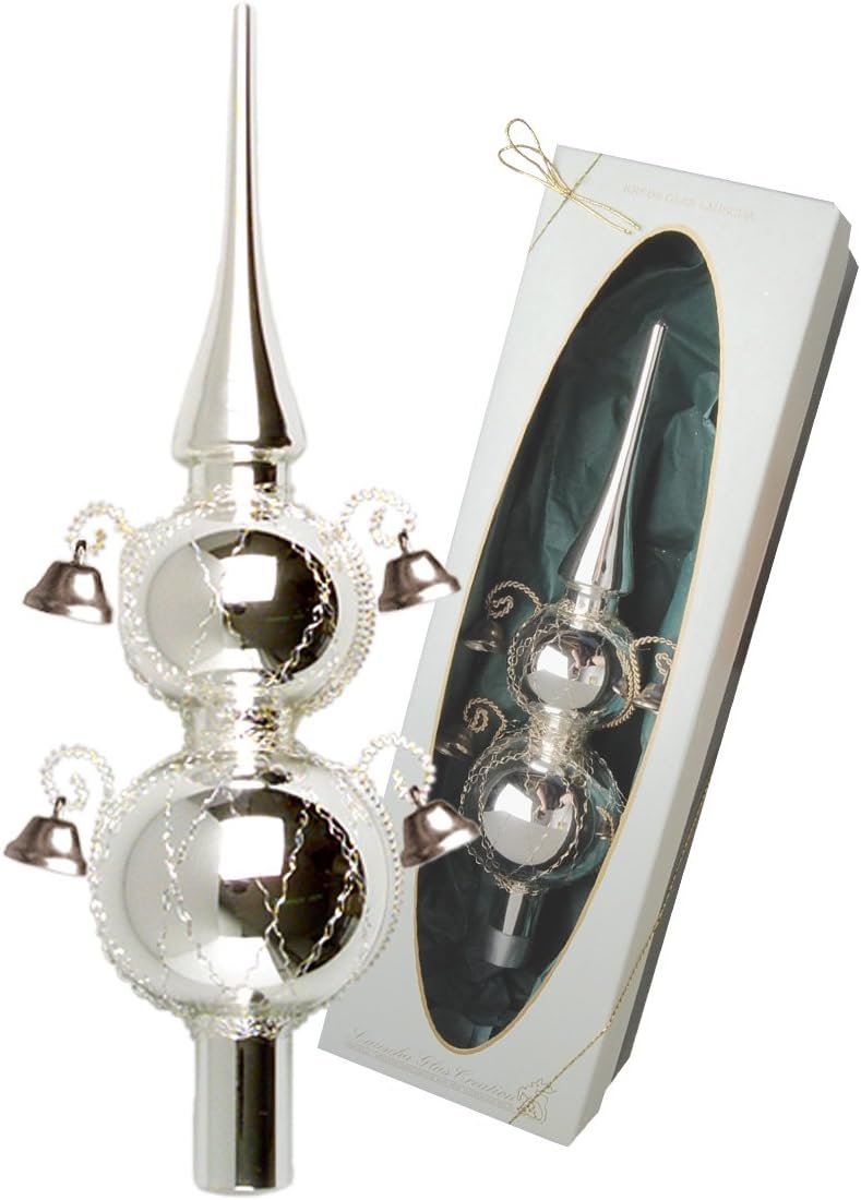Christbaumspitze Silber glänzend mit Dekor und Glöckchen, 29 cm in hochwertiger Geschenkbox Doppelsp
