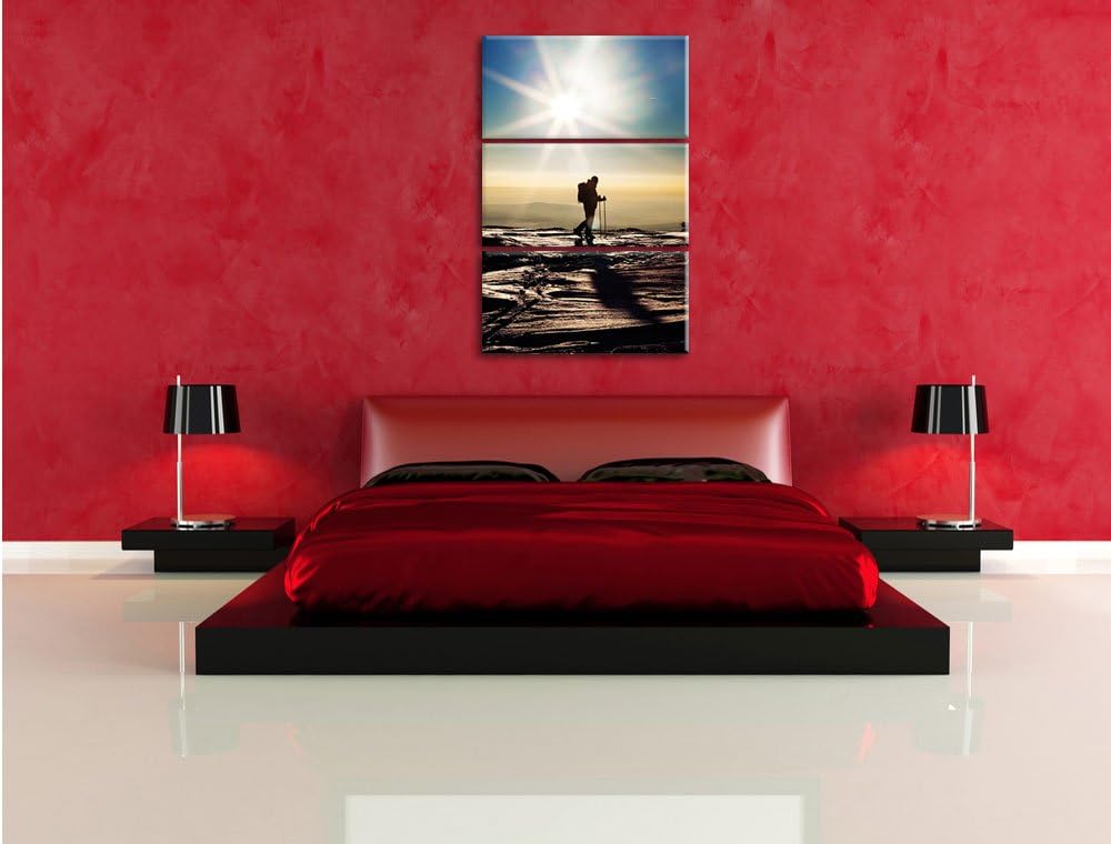 Pixxprint Wintersport Sonnenuntergang Ski als Leinwandbild | Grösse: 3 Teilig (120x80) | Wandbild| K